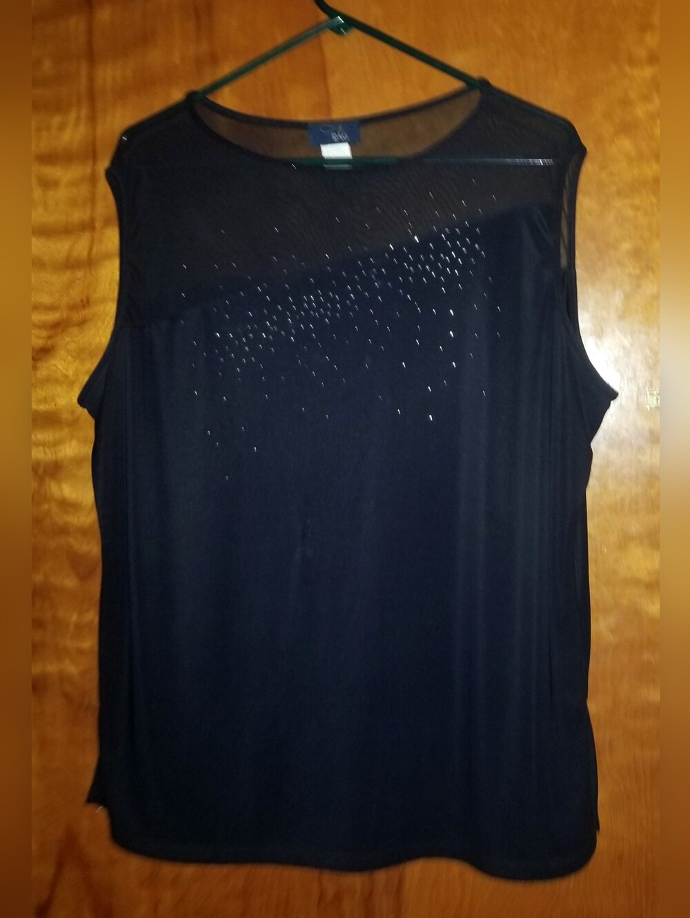 Women's "RAG" Black Sleeveless Sheer Mesh Overlay Top W/ Rhinestone Embellishmen